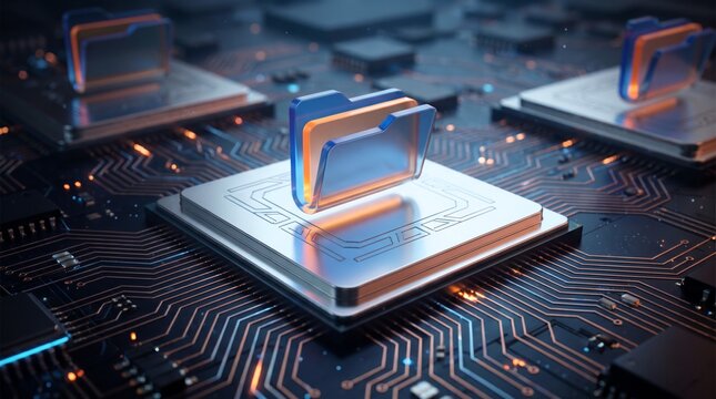 Translucent blue and orange file folders hover above metal computer microchips representing digital data storage and secure information technology management