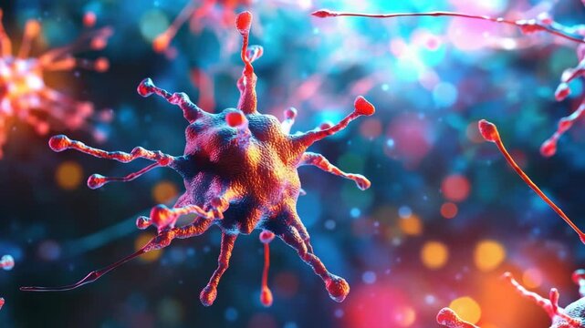 Vibrant, detailed virus particle floats in colorful, bokeh-lit space. Spiky surface glows with red and blue hues. Dynamic motion suggests active infection or interaction