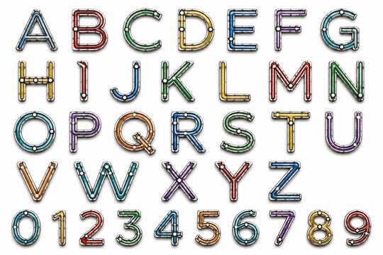 Colorful circuit style alphabet and numbers font set