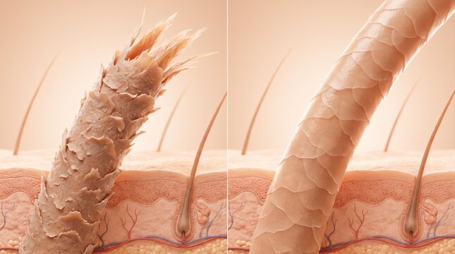 A split-screen view comparing a damaged, frayed hair strand with a healthy, smooth hair fiber.