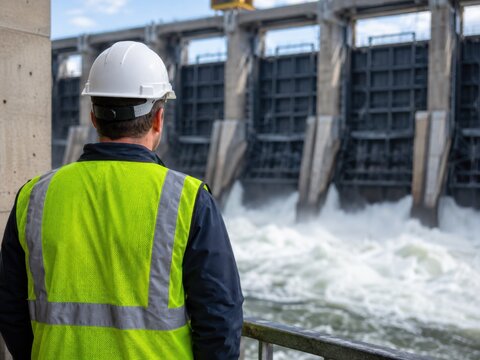 A construction worker in a hard hat and high-visibility vest stands looking at a large river dam.