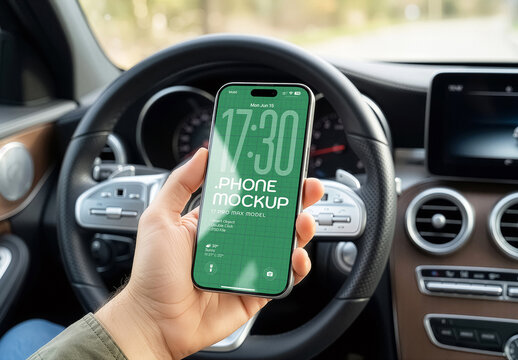 Hand Holding Smartphone Mockup In The Car