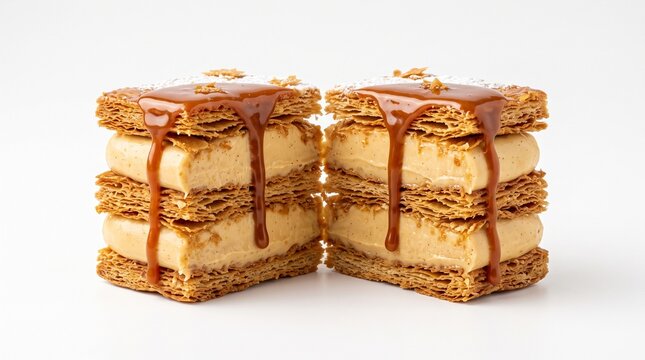 Salted caramel mille-feuille with crisp pastry layers and rich cream filling, premium French pastry photography. Isolated on White background