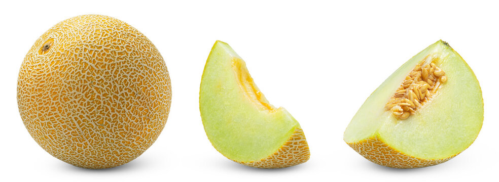 Cantaloupe melons and slices of melon isolated set. Whole fresh cantaloupe melon and cut in slice isolate.