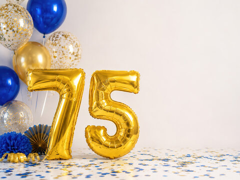 75th anniversary celebration background with golden foil balloons number 75, blue and white party balloons and confetti with copy space.
