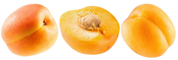Obraz premium Three fresh apricots including a sliced one isolated on a white background