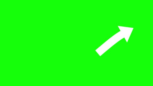 White curved arrow with in and out animation pointing up and right on green screen, 4K 60fps chroma key motion graphic for sales promo videos, product highlights, tutorials and callouts