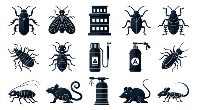 Pest control icon set featuring solid icons for insect extermination, bugs, pesticides, insecticides, pest control services, spray equipment, rats, termites, and rodent control. 