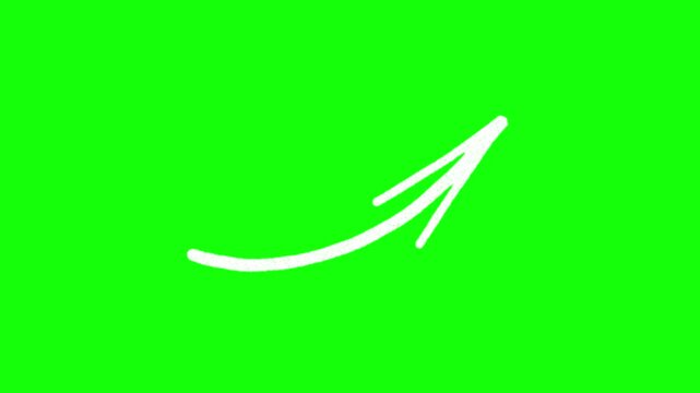 White arrow with in and out animation curving upward to the right on green screen, 4K 60fps chroma key overlay for product promos, sales promo reels, tutorials and callouts.