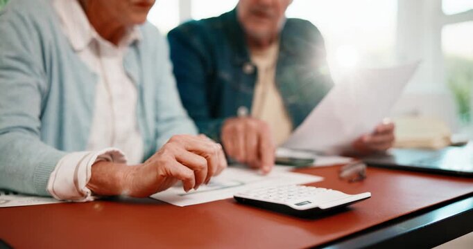 Senior, hands or couple with finance on calculator for utility bills, track expenses or planning. Marriage, people or calculation on invoice for household budget, retirement or smart spending in home