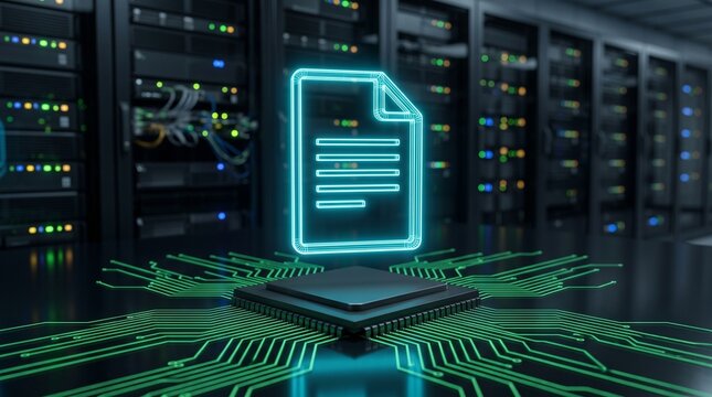 Digital document icon on computer chip in server room glowing blue contract file symbol data storage technology mainframe infrastructure networking cloud computing information safety.