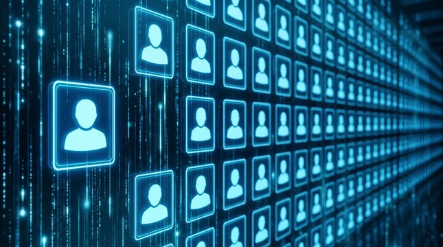 Digital identity database concept showing rows of user profile icons on glowing blue background representing person data management social network online security community membership.