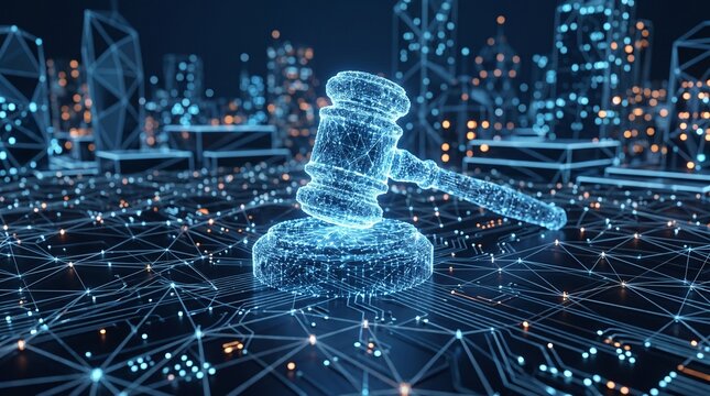 Digital legal system concept with glowing gavel on futuristic circuit board city background representing electronic law judicial justice online court regulations legal tech framework.
