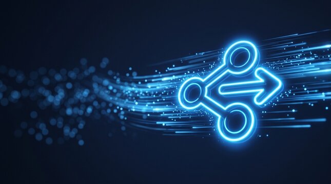 Neon blue sharing icon with glowing nodes and motion trails moving through dark space symbolizing social media connectivity and data distribution networks for modern digital platforms.