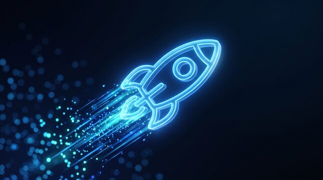 Neon rocket ship launching into starry night sky abstract glowing blue lines and particles symbolizing startup growth and rapid progress in technology exploration and space.