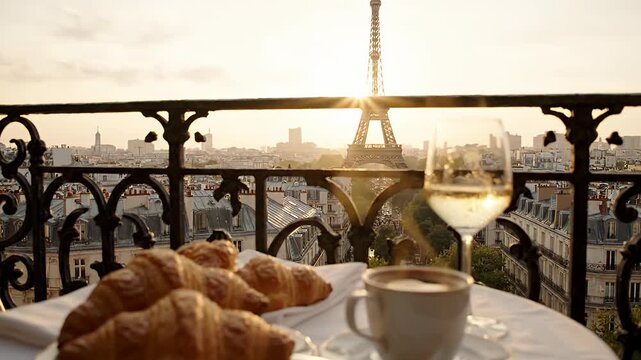 Breakfast with croissants and Eiffel Tower view in Paris.
