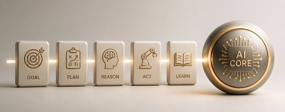 Clean minimalist 3d illustration of AI core workflow sequence with physical blocks showing goal plan reason act and learn stages