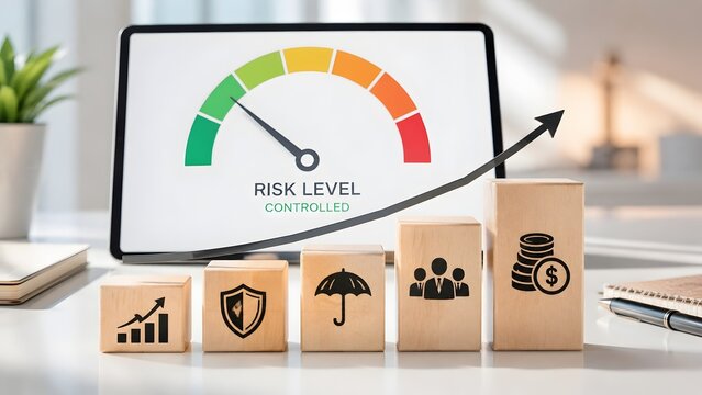 Business risk level assessment concept with wooden blocks showing financial growth insurance protection and team management in a modern office setup.