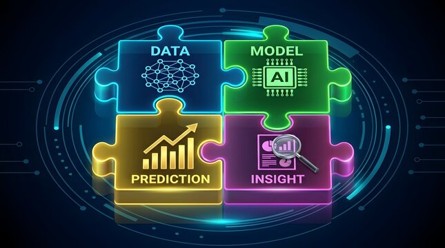 Four connected colorful glowing jigsaw puzzle pieces showing data model artificial intelligence prediction and insight icons representing machine learning concept.