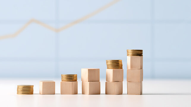 Stacked coins and wooden blocks against a financial graph background, illustrating growth, investment, and increasing profit