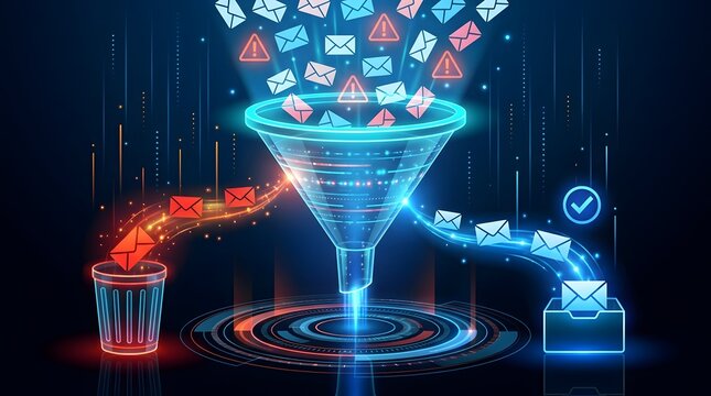 Glowing digital funnel sorting emails separating spam into trash and safe messages into inbox for cybersecurity concept.
