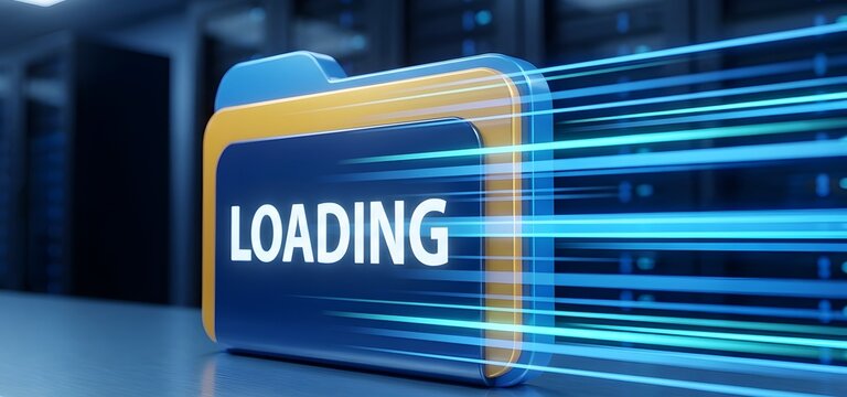 High speed data loading concept featuring a digital folder with blue light streaks in a server room environment