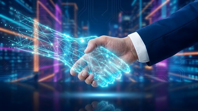 Businessman shaking hands with a glowing digital wireframe hand representing artificial intelligence partnership and futuristic technology integration.