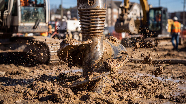 Close-up view of a heavy-duty industrial auger drilling into wet, muddy ground on a bustling construction site with machinery in the background.