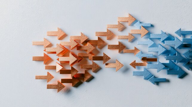 Two groups of arrows moving in opposite directions, symbolizing opposing forces, conflict, divergence, or changing direction.