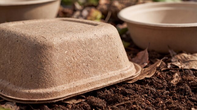Compostable food packaging on soil. Eco-friendly biodegradable bowls for sustainable living.