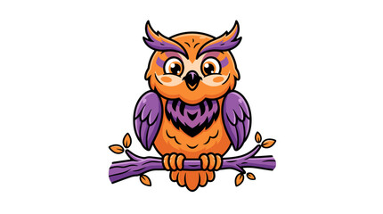 Fototapeta premium Cute cartoon owl sitting on a branch with expressive eyes and colorful feathers