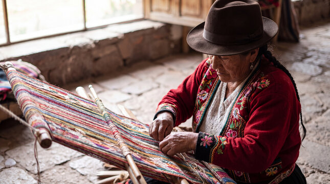 An elderly indigenous Andean woman wearing a traditional hat and embroidered jacket works on a colorful textile using a manual loom in Peru.