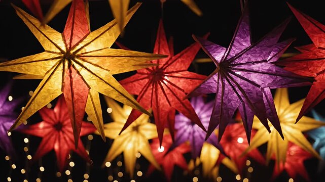 Colorful glowing paper star lanterns night.