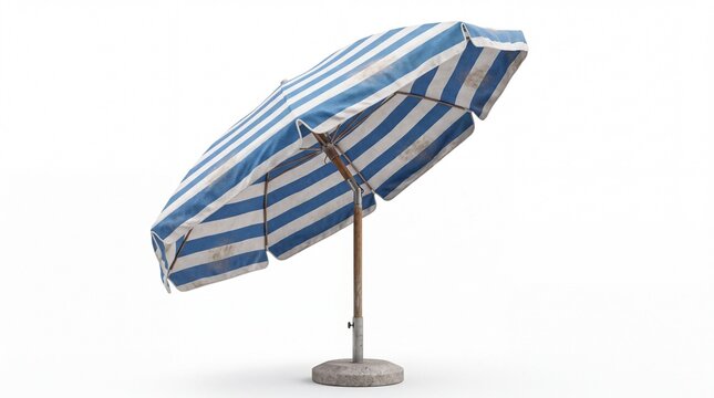 Blue and white striped beach umbrella. Isolated sunshade for summer vacation design.
