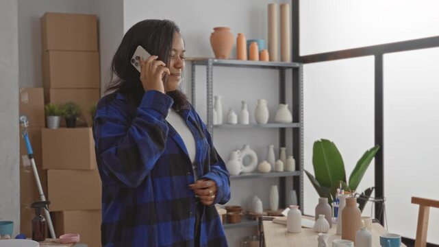 Young woman holds smartphone and scrolls messages in a pottery studio surrounded by vases and packed boxes; small business contentment.