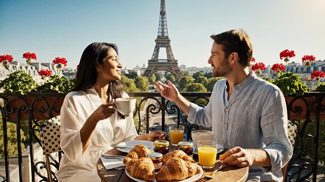 Couple having breakfast on balcony with Eiffel Tower.