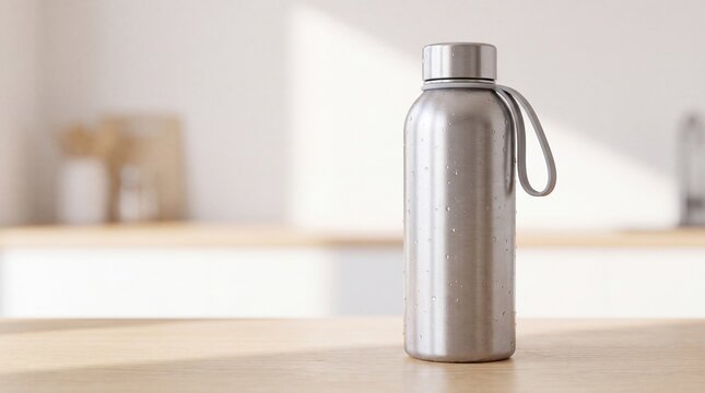 Stainless steel water bottle on a table. Reusable metal flask for hydration and fitness.