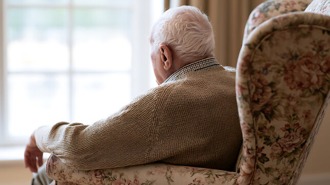 Rear view of a senior man with white hair sitting in a floral armchair, gaze fixed upon a bright window, conveying introspection and solitude