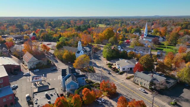 York village historic center aerial view in fall including First Parish Congregational Church, Old Methodist Church, and Town Hall on York Street in town of York, Maine ME, USA. 