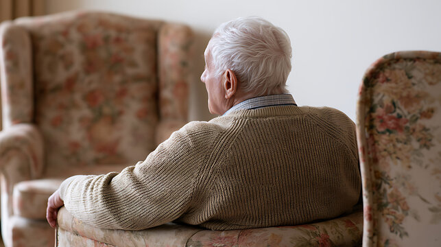 Rear View of Senior Man Sitting Thoughtfully on an Armchair in a Room, Reflecting on Life and Solitude in a Peaceful Home Setting
