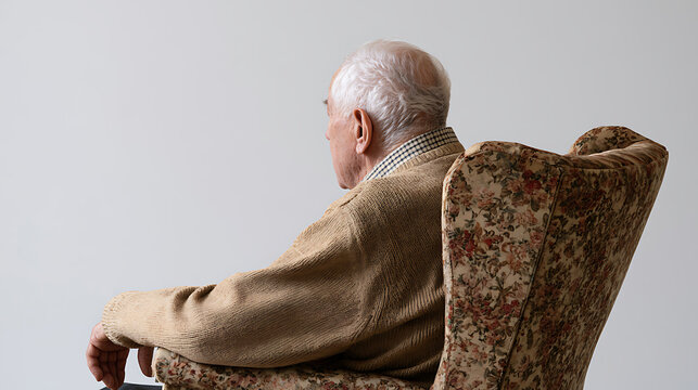 Elderly man with white hair sits alone in a patterned armchair, back to camera, contemplating on a simple, light background, focus on solitude