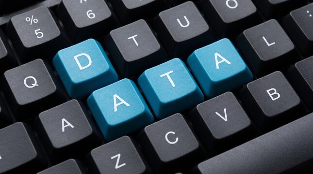 Data word spelled out on computer keyboard keys representing information management and digital technology