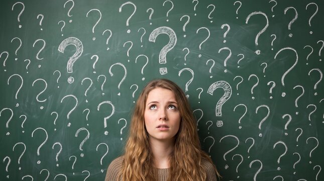 Confused woman looking up at question marks on chalkboard for business decision making