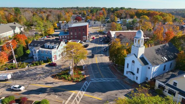 York village historic center aerial view in fall including Old Methodist Church in town of York, Maine ME, USA. 