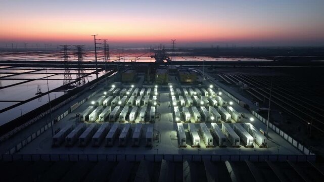 Large-scale energy storage station array illuminated at dusk with power grid infrastructure and wetland landscape