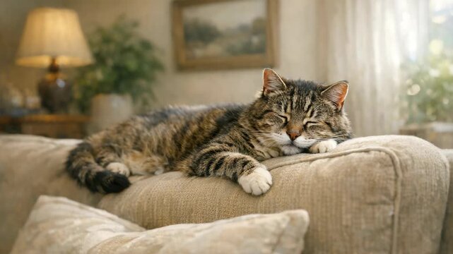 A cat lying down and sleeping on a couch cushion.