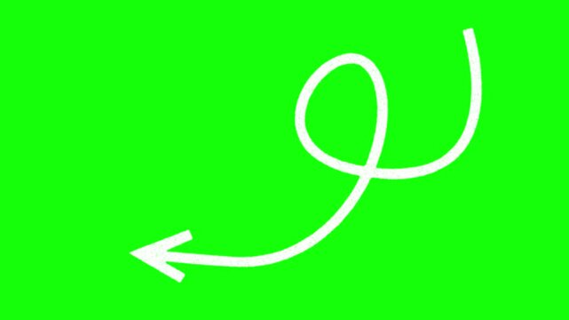 White hand-drawn loop arrow animation in and out, curling and pointing left on green screen, 4K UHD 60fps chroma key overlay for product promos, price label, tutorials and sales callouts