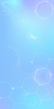 Light blue gradient background with glowing hexagonal nodes. Vertical template for biotechnology startup, medical app splash screen or healthcare presentation.