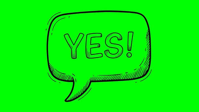 hand drawn black fill speech bubble animation with yes text on green screen background. sketch style drawing vector motion graphic