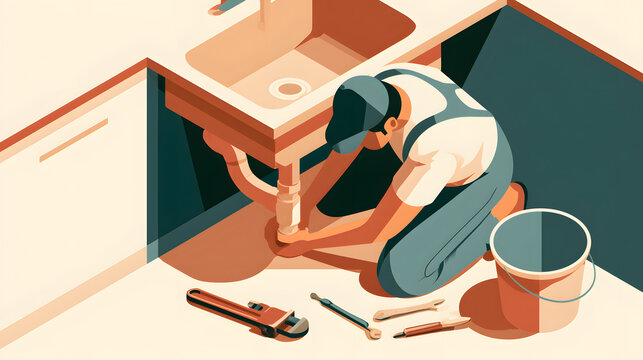 Flat 2D vector illustration, isometric view of a plumber kneeling under a kitchen sink fixing a pipe joint, tools and a pipe wrench scattered on the floor beside a bucket, warm flat color palette
